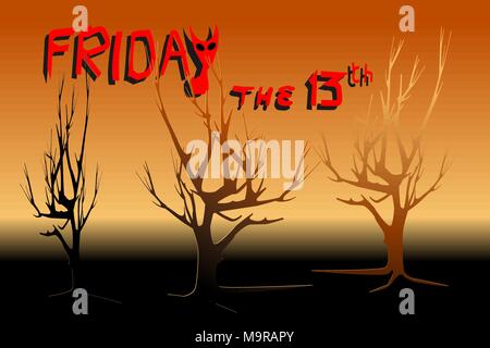 Dead trees in yellow and red light - Concepts of Halloween, Friday the 13th, mystery. Vector illustration, EPS10. Stock Vector