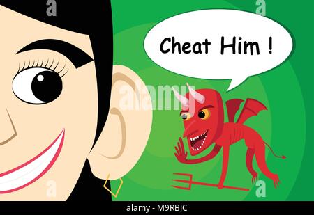 Flying devil whisper woman to chest, vector cartoon art Stock Vector