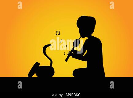 Snake charmer and cobra in silhouette vector art design Stock Vector