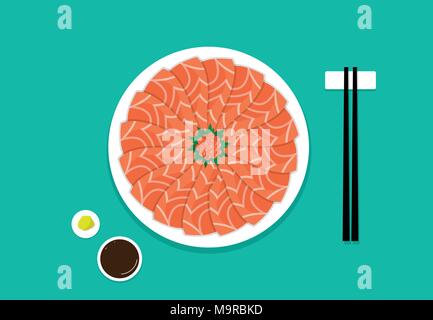 Top view, Sashimi salmon on white plate, vector art Stock Vector