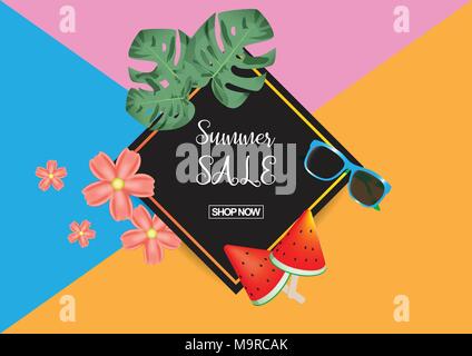 Design of Summer sale background template with sunglasses, watermelon, Monstera leafs, flower. Vector illustration EPS10. Stock Vector