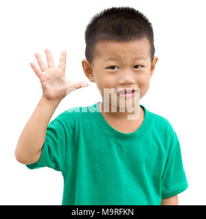 Asian child showing number five hand sign. Portrait of young boy isolated on white background. Stock Photo