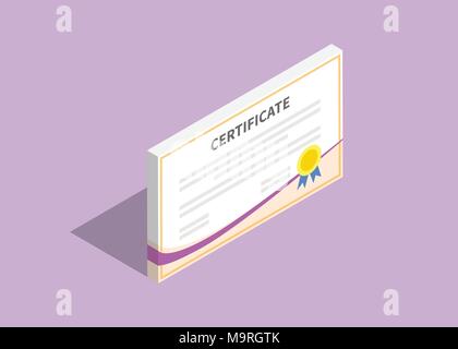 3d isometric certificate flat with violet background Stock Vector