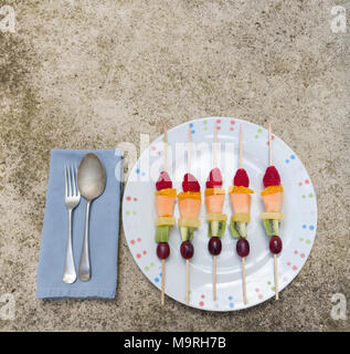 Fruit Skewers, Napkin, Fork, Spoon Stock Photo