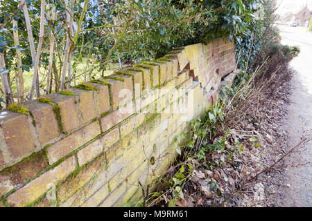 Impact damage to red brick garden wall caused by vehicle reversing, Suffolk, England, UK Stock Photo