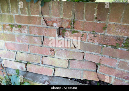 Impact damage to red brick garden wall caused by vehicle reversing, Suffolk, England, UK Stock Photo