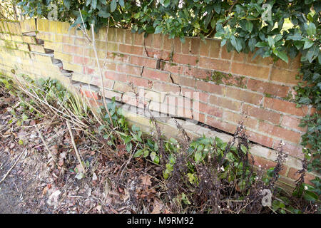 Impact damage to red brick garden wall caused by vehicle reversing, Suffolk, England, UK Stock Photo