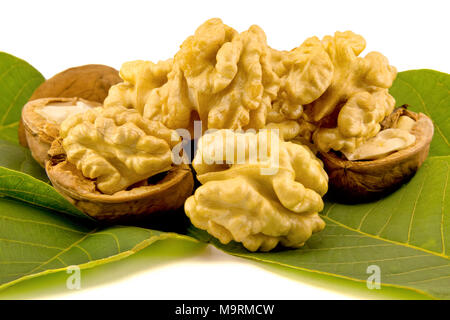 Peeled walnuts close-up. Isolate the core of leaves and shells of walnut. The concept of proper nutrition Stock Photo