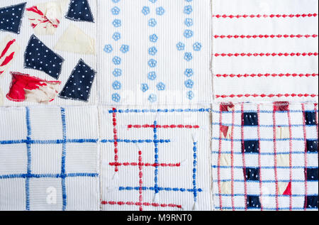 Textile colorful background from six square samples of hand-made fabrics. Stock Photo