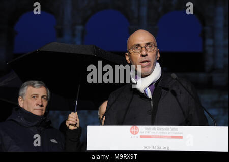 Alessandro Monteduro during the ceremony promoted by 'Aid to the Church in Need' which illuminates the Colosseum in Rome.  Featuring: Alessandro Monteduro Where: Rome, Lazio, Italy When: 24 Feb 2018 Credit: IPA/WENN.com  **Only available for publication in UK, USA, Germany, Austria** Stock Photo