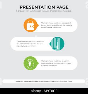 capability, amenities, breach presentation design template in orange, green, yellow colors with horizontal and rounded shapes Stock Vector