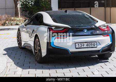 Busan, Republic of Korea - March 17, 2018: White i8 plug-in hybrid sports car developed by BMW Stock Photo