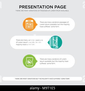 bag of chips, roadmap, bingo presentation design template in orange, green, yellow colors with horizontal and rounded shapes Stock Vector