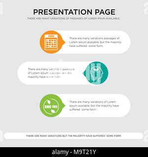 gmo free, peace of mind, bingo presentation design template in orange, green, yellow colors with horizontal and rounded shapes Stock Vector