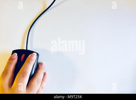 The computer mouse in hand on a white background. Stock Photo