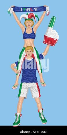 Italian Fans Supporting Italy Team with Scarf and Foam Finger. All the objects are in different layers and the text types do not need any font. Stock Vector