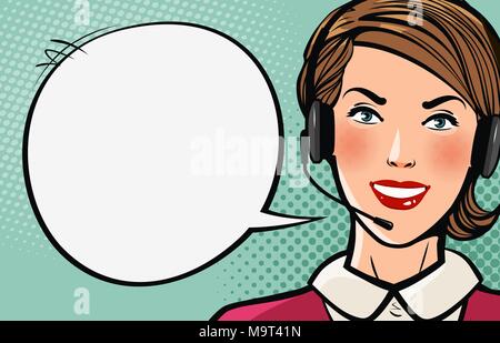 Beautiful girl or young woman with headset says. Call center, support, business concept. Cartoon vector illustration Stock Vector