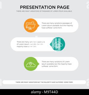 Cloud location pin, remote access, cloud computing, Folder sharing presentation design template in orange, green, yellow colors with horizontal and ro Stock Vector