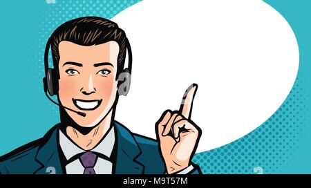 Man in business suit or businessman with headset says. Call center, support, service concept. Cartoon vector illustration Stock Vector