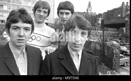 SMALL FACES English pop group on a bomb site at Ludgate Hill,London, in September 1965. From left: Ronnie Wood, Steve Marriott,Ian McLaghan, Kenney Jones. Photo: Tony Gale Stock Photo