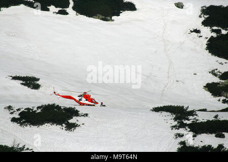 Training of the rescue team (TOPR) with dog and helicopter, Tatra Mountains, Poland Stock Photo