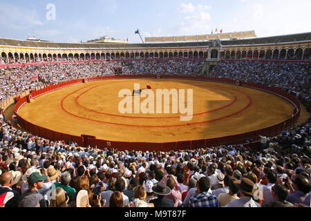 Bullfight during Feria de Abril Seville Fair, Plaza de toros de la Real Maestranza de Caballería de Sevilla Bullring, Seville, Spain Stock Photo