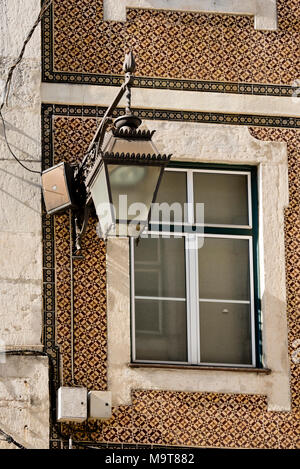 lantern and azulejos facade in Lisbon , Portugal Stock Photo