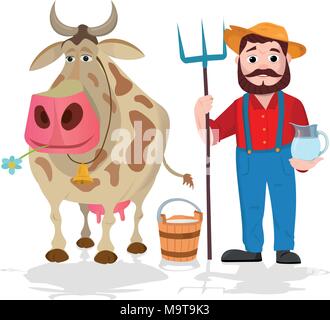 Farmer near cow and bottles of milk. Farming and countryside, rural and village landscape, dairy theme Stock Vector