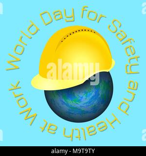 World Day for Safety and Health at Work. 28 April. Celebration concept. Earth and protective helmet of yellow color. Turquoise background. Circular in Stock Vector