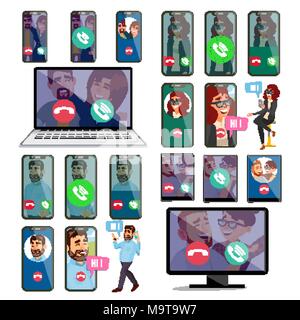 Online Call Vector. VoIP Technology, Voice Over IP, IP Telephony. Smartphone, Laptop, Tablet. Outgoing, Incoming Call Screen. Man, Woman. Web Calling. Video, Voice Conversation. Business Communication Stock Vector
