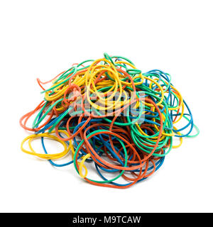 Multicolored elastics on pile on white background, cutout Multicolored elastics on pile on white background, cutout Stock Photo