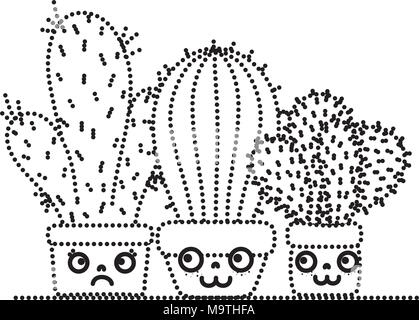 dotted shape kawaii cactus plants inside flowerpot and facial expression Stock Vector