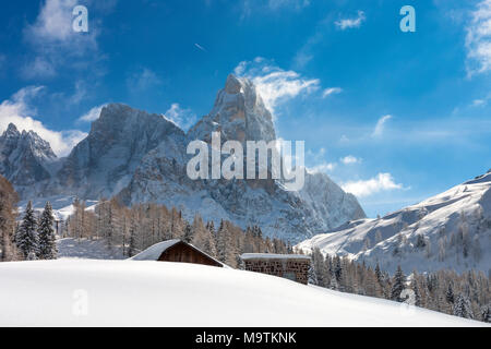 Pale di San Martino mountains, View of Passo Rolle, San Martino di Castrozza village, Trento district, Trentino Alto Adige, Italy Stock Photo