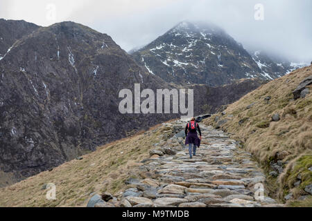 Walker on the Miners Path which leads to the summit of Mount Snowdon, Snowdonia, Gwynedd, North Wales, UK Stock Photo