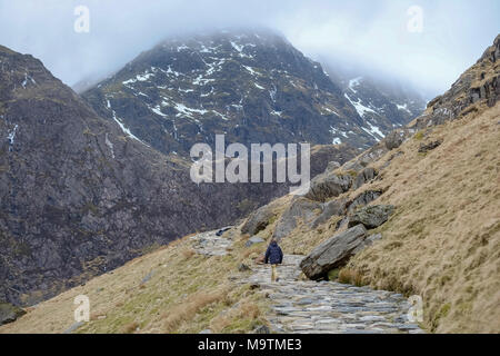 Walker on the Miners Path which leads to the summit of Mount Snowdon, Snowdonia, Gwynedd, North Wales, UK Stock Photo