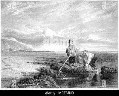 Engraving entitled The Prawn Fishers from the picture by William Collins in the Vernon Gallery scanned at high resolution from a book printed in 1849. Stock Photo