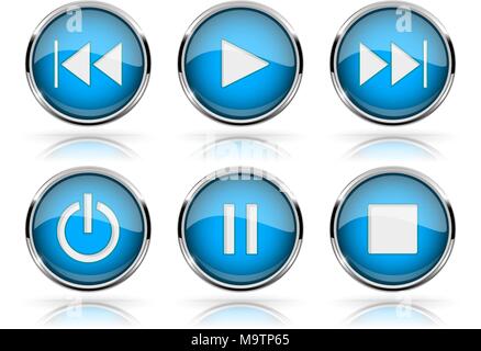 Media buttons. Blue round glass buttons with chrome frame Stock Vector