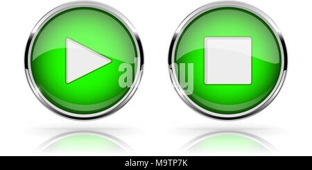 Green round media buttons. PLAY and STOP button. Shiny 3d icons with chrome frame Stock Vector