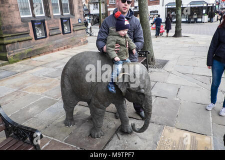 Janya,bronze,Indian,Asian,elephant,calf,sculpture,statue,given,by,Chester Zoo,to,the,city, Chester,Cheshire,England,UK,U.K., Stock Photo