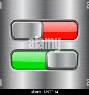 On and Off square slider buttons. Red and green metal switch interface buttons on iron background Stock Vector