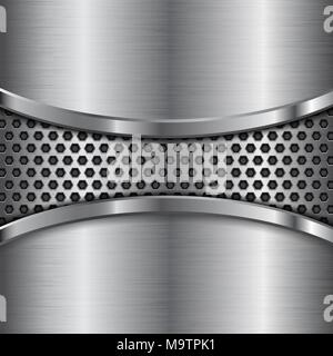 Metal brushed background with perforated center element Stock Vector