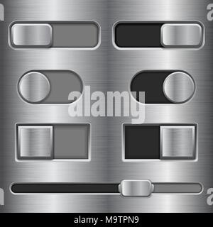 Metal interface slider buttons. Set of on and off switches Stock Vector