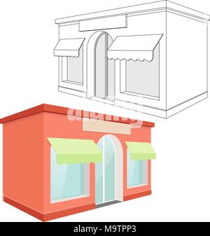 Store front. Red 3d building and outline drawing Stock Vector