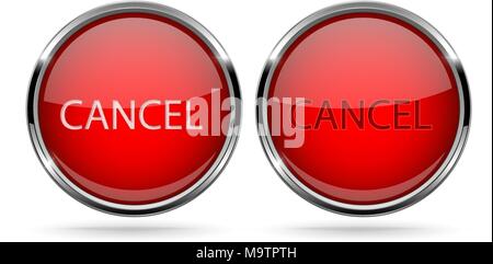 Cancel buttons. Round red 3d icons with chrome frame Stock Vector
