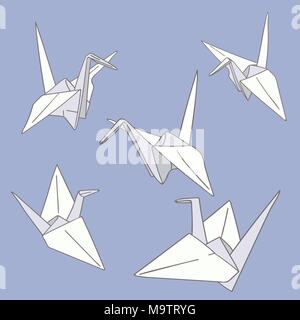 Set of hand drawn  Japanese paper craft origami birds isolated on blue background Stock Vector