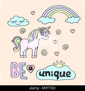 Pink unicorn with yellow horn and rainbow with Be a unique lettering on the pink background Stock Vector