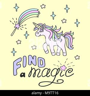 Walking pink unicorn with yellow horn and magic wand with Find a magic lettering on the yellow background Stock Vector