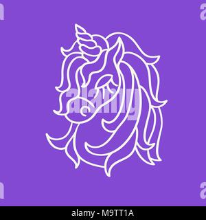 Cute unicorn head white outline sketch icon on the purple background Stock Vector