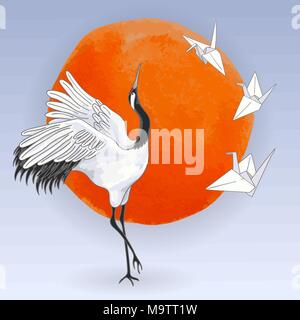 The red-crowned Japanese dancing crane and white paper origami birds over sunset Stock Vector