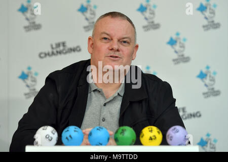 Father of three and life-long Leyton Orient fan from Wickford, Paul Long, celebrates after his Lucky Dip ticket matched all six numbers to scoop the £9,339,858 Lotto Jackpot on Saturday 24 March, at the Orsett Hall Hotel, in Orsett, Essex. Stock Photo